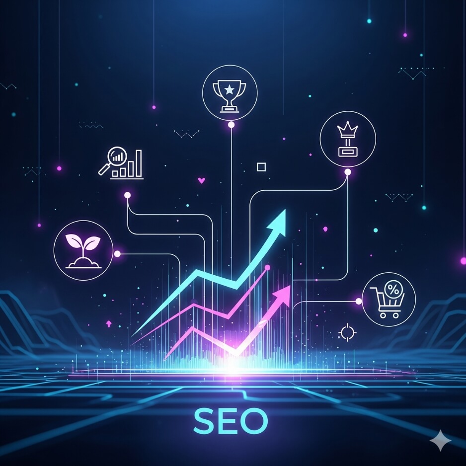 Illustration showing the power of SEO with keyword research, link building, and digital marketing strategies to improve website ranking.
